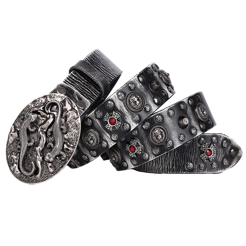 Punk Rivet Men's Leather Belt Retro White