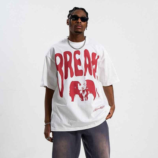 Text Printed Off-shoulder Loose Men's T-shirt MuddyStock