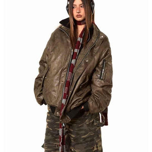 American-style Fake Two-piece Suede Bomber Jacket For Women Army green