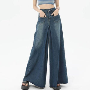 High Waist Slim Straight Pocket Jeans Vintage Blue Pants