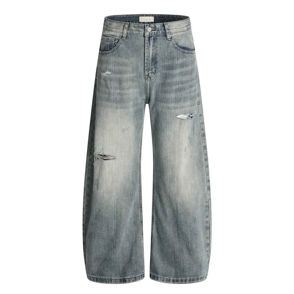 American-style Vintage Distressed Ripped Bootcut Jeans For Men Blue
