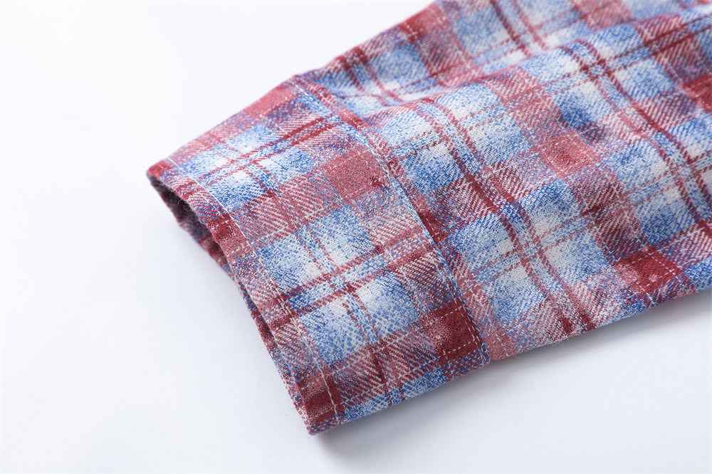 Distressed Washed Plaid Long-sleeved Shirt For Men And Women null