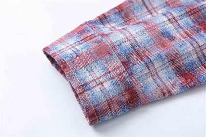 Distressed Washed Plaid Long-sleeved Shirt For Men And Women null