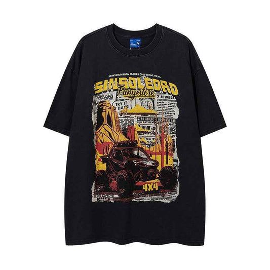 Retro Cartoon Pattern Car Short Sleeve For Men And Women MuddyStock