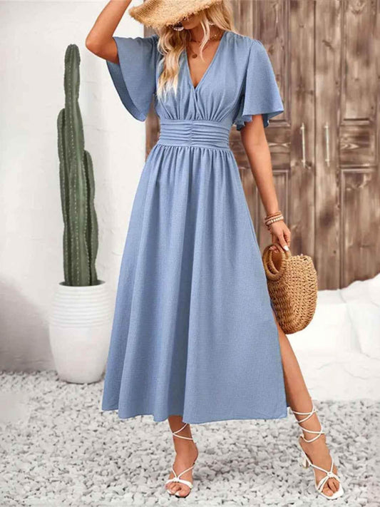 Side Slit Surplice Flutter Sleeve Midi Dress Light Blue Trendsi