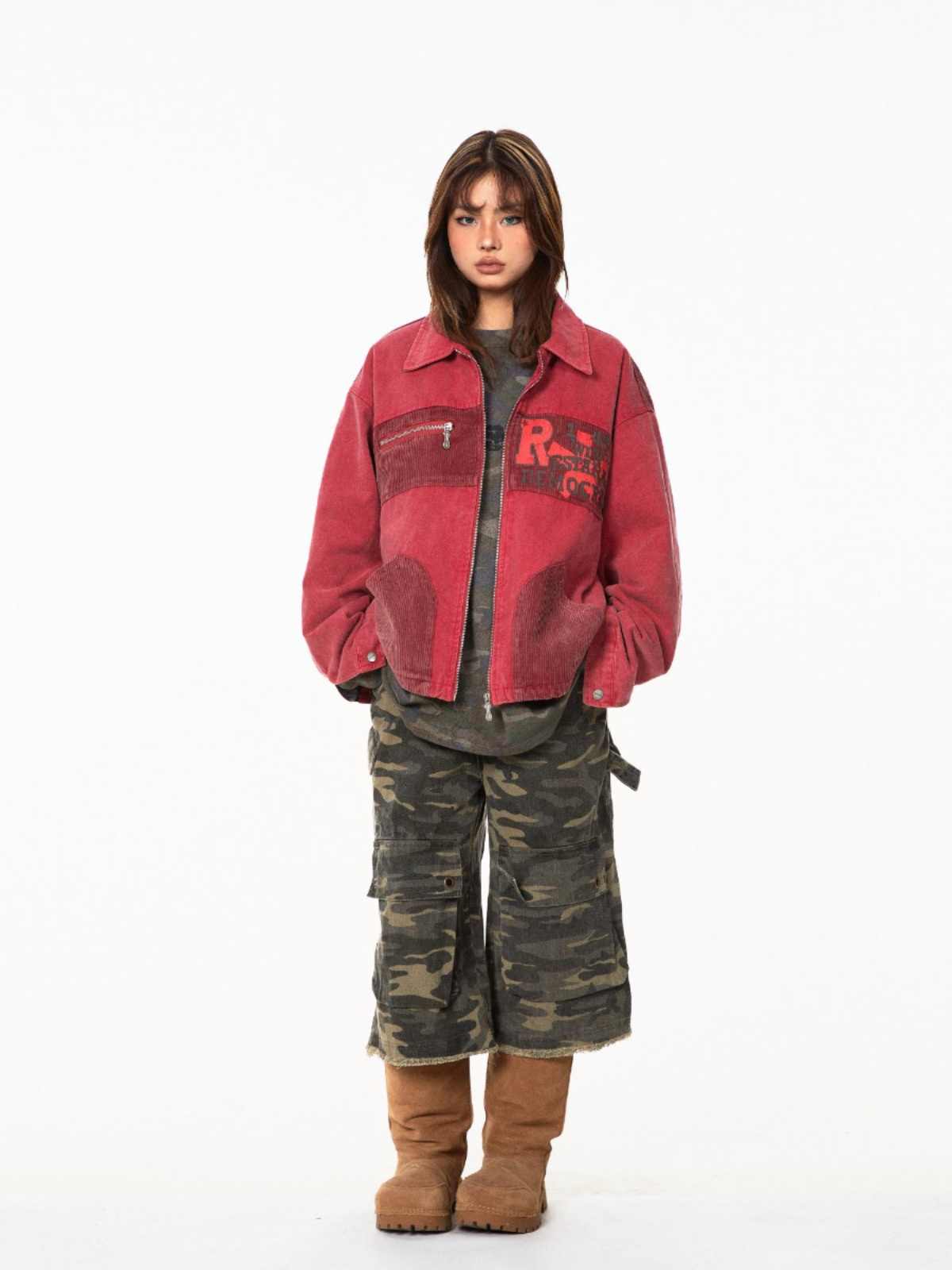 Patchwork Texture Three-dimensional Corduroy Pocket Baggy Jacket For Women MuddyStock