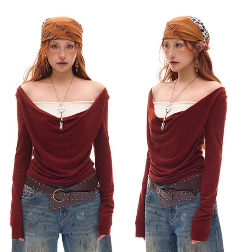 Beaded Swing Collar Knitted Top For Women Caramel Red