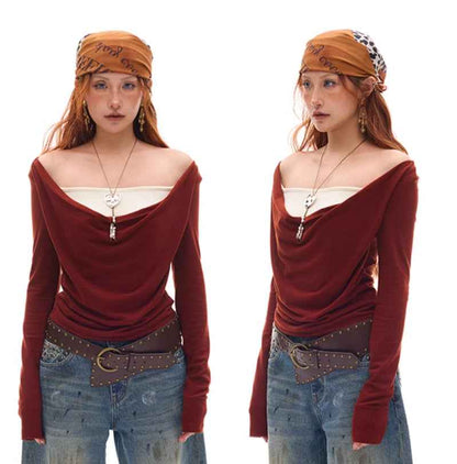 Beaded Swing Collar Knitted Top For Women Caramel Red
