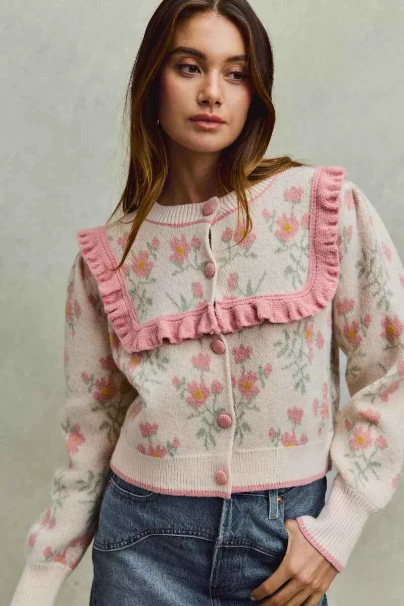 Flower With Ruffle Detailing Sweater Cardigan For Women Trendsi