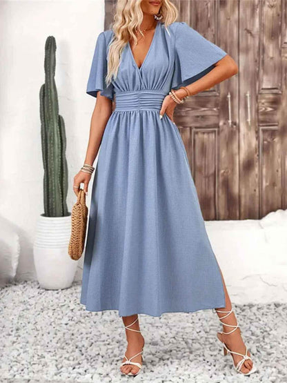 Side Slit Surplice Flutter Sleeve Midi Dress Trendsi