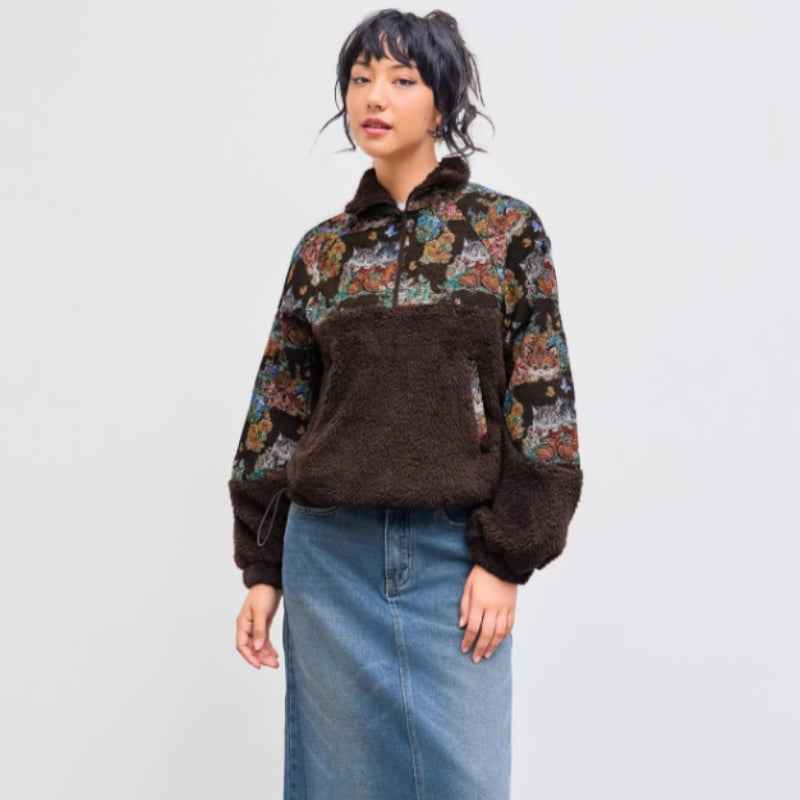 Women's Turn-down Collar Floral Cat Tie Hoodie MuddyStock