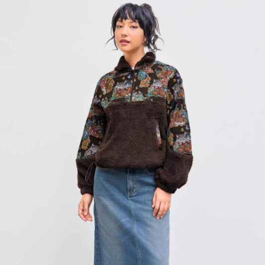 Women's Turn-down Collar Floral Cat Tie Hoodie MuddyStock