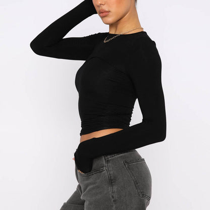 Women's Clothing Fashion Slim Long-sleeved Pullovers Tops Solid Causal Fit Shirts MuddyStock