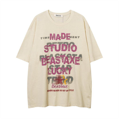 Letter Printed Loose T-shirt For Men And Women Apricot MuddyStock