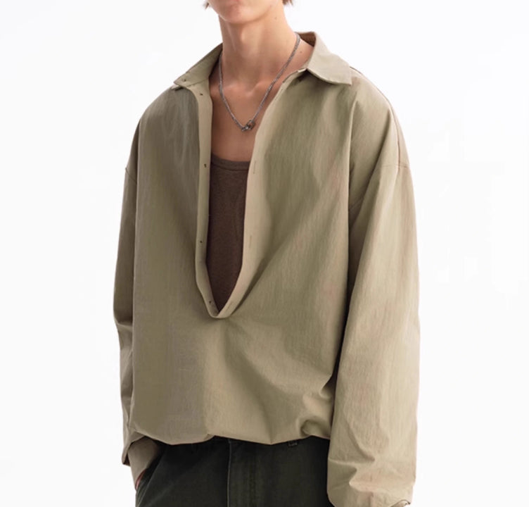 Deep V Elastic Lower Hem Loose Long Sleeve Shirt For Men Green