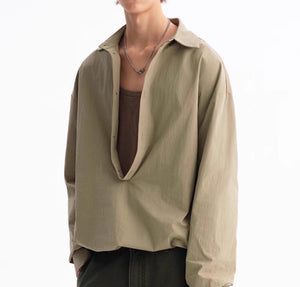 Deep V Elastic Lower Hem Loose Long Sleeve Shirt For Men Green