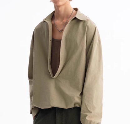 Deep V Elastic Lower Hem Loose Long Sleeve Shirt For Men Green