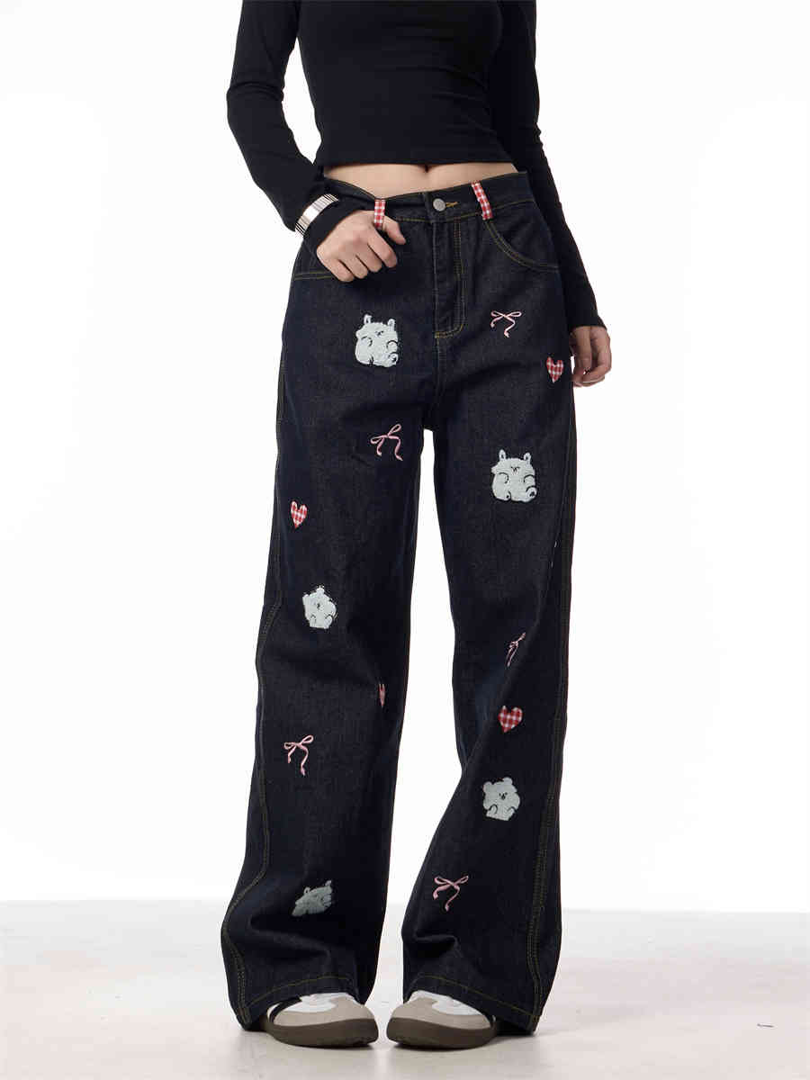 Lamb Embroidery Retro Straight-leg Pants For Women MuddyStock