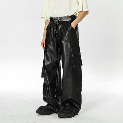 Men's Loose Straight Casual American Retro Street PU Leather Pants MuddyStock