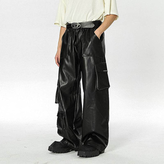 Men's Loose Straight Casual American Retro Street PU Leather Pants MuddyStock