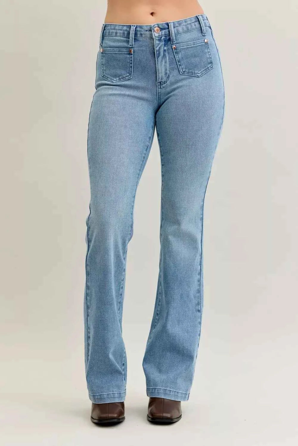 Judy Blue Full Size Mid Rise Bootcut Jeans with Contrast Wash & Front Patch Pockets For Women MD Trendsi