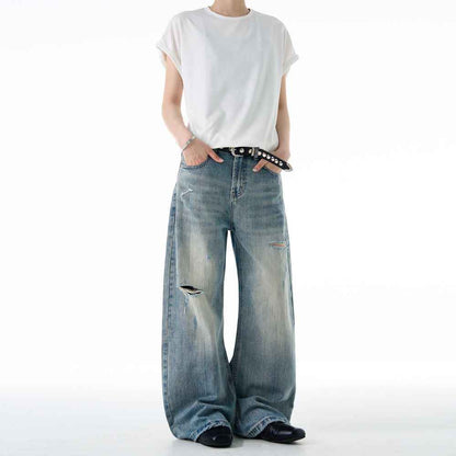 American-style Vintage Distressed Ripped Bootcut Jeans For Men