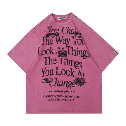 Retro Street Clothing Short Sleeve T-shirt For Men And Women Pink MuddyStock