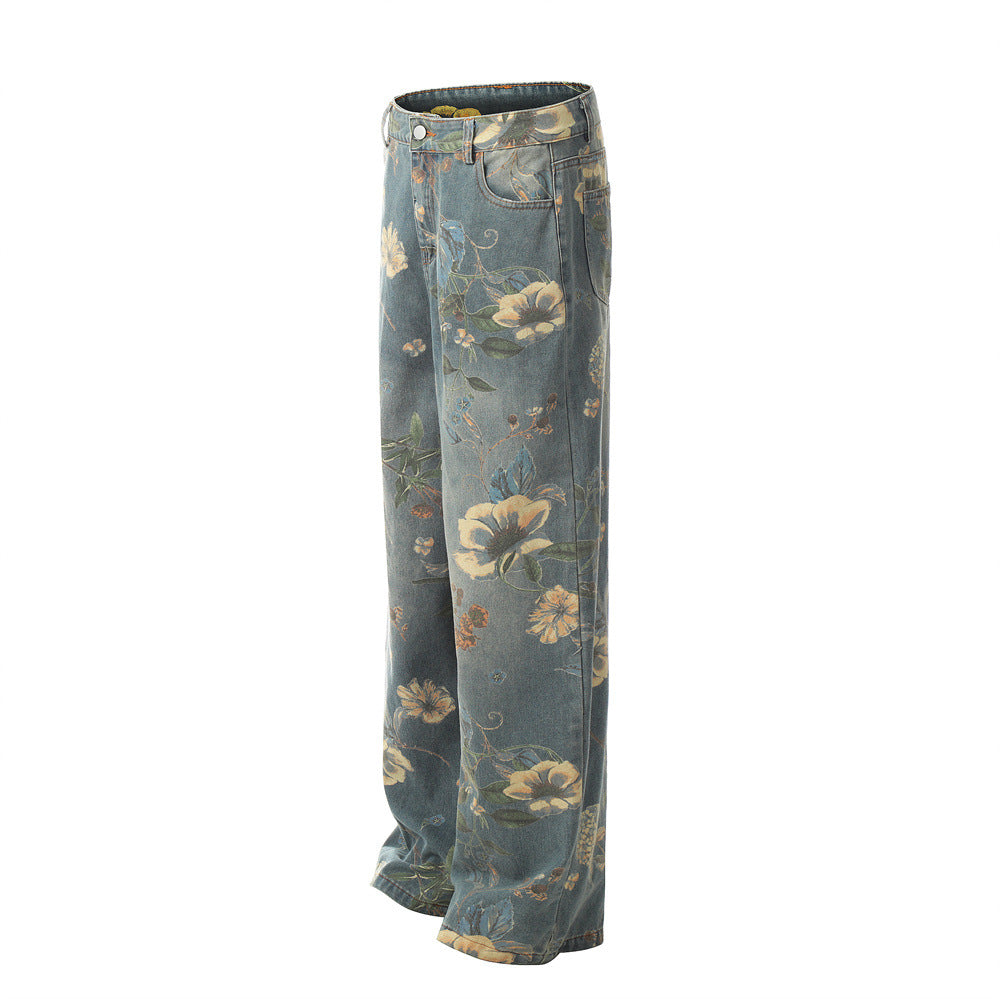Men's Printed Niche Loose Wide Leg Denim Trousers MuddyStock