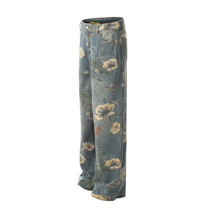 Men's Printed Niche Loose Wide Leg Denim Trousers MuddyStock