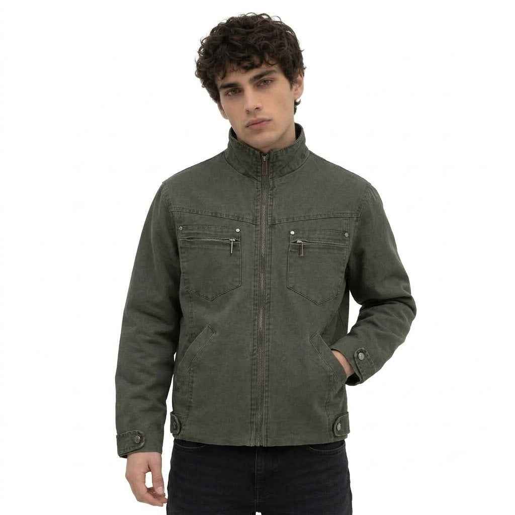 Washed Ripped Stand Collar Zipper Multi-Pocket Workwear Jacket For Men | MuddyStock Originals