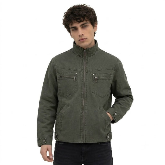 Washed Ripped Stand Collar Zipper Multi-Pocket Workwear Jacket For Men | MuddyStock Originals