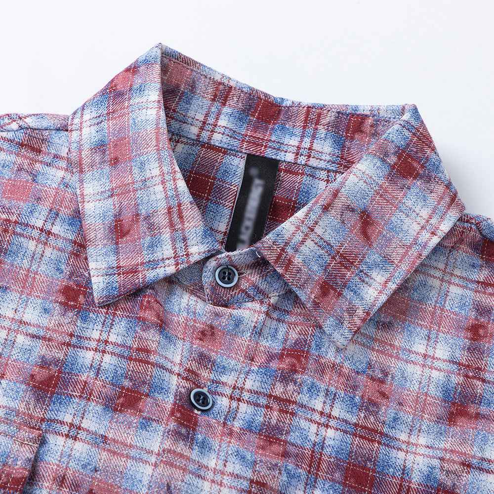 Distressed Washed Plaid Long-sleeved Shirt For Men And Women null