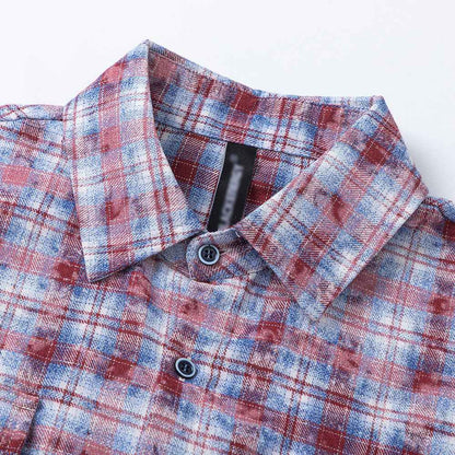 Distressed Washed Plaid Long-sleeved Shirt For Men And Women null