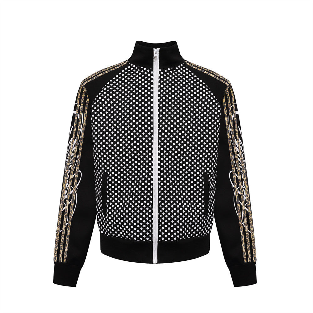 Men's All-Over Polka Dot Print Stand Collar Open Front Athletic Jacket with Three Stripes Webbing
