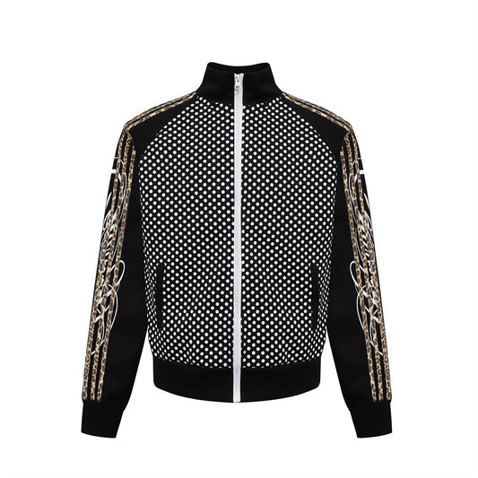 Men's All-Over Polka Dot Print Stand Collar Open Front Athletic Jacket with Three Stripes Webbing