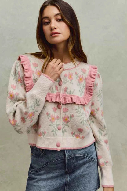 Flower With Ruffle Detailing Sweater Cardigan For Women Trendsi