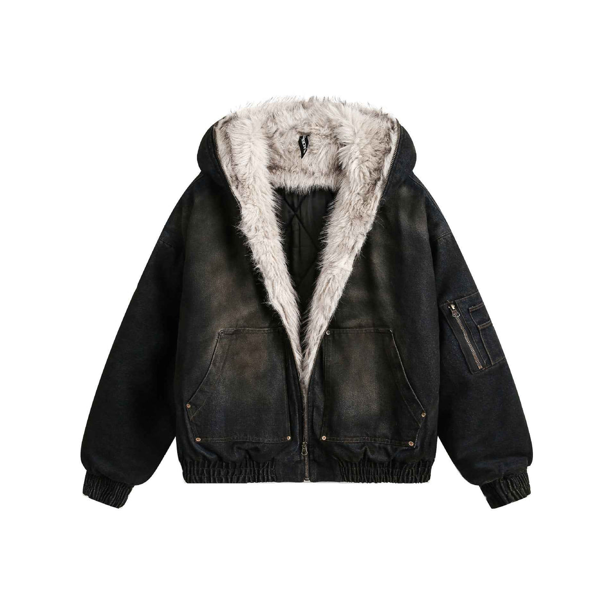 Distressed Washed Fur Collar Fleece Lined Workwear Hoodie For Men | MuddyStock Originals