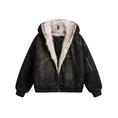 Distressed Washed Fur Collar Fleece Lined Workwear Hoodie For Men | MuddyStock Originals