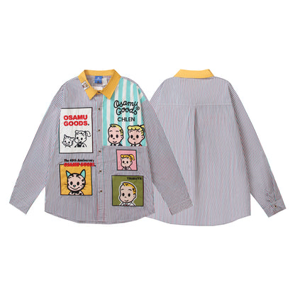 Retro Cartoon Applique Patchwork Striped Long Sleeve Shirt Unisex Personality Loose BF Couple Blouse
