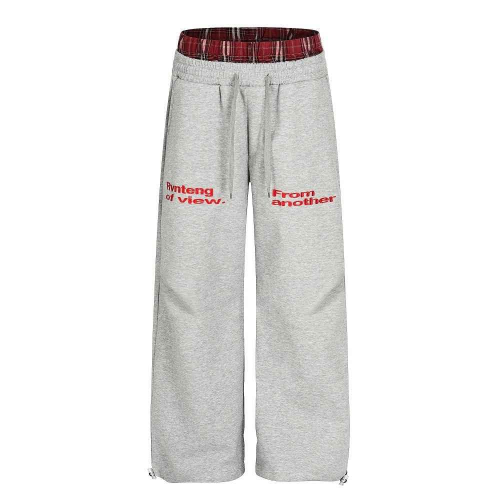 Fake two piece checkered spliced double leg pants for women | MuddyStock Originals Gray