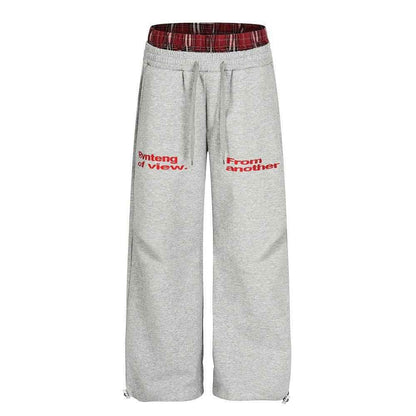 Fake two piece checkered spliced double leg pants for women | MuddyStock Originals Gray