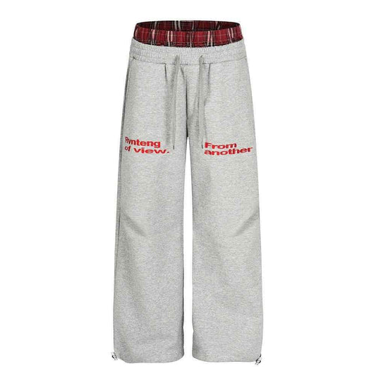Fake two piece checkered spliced double leg pants for women | MuddyStock Originals Gray