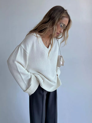 Women's V-Neck Casual Long Sleeve Sweater | MuddyStock Originals White