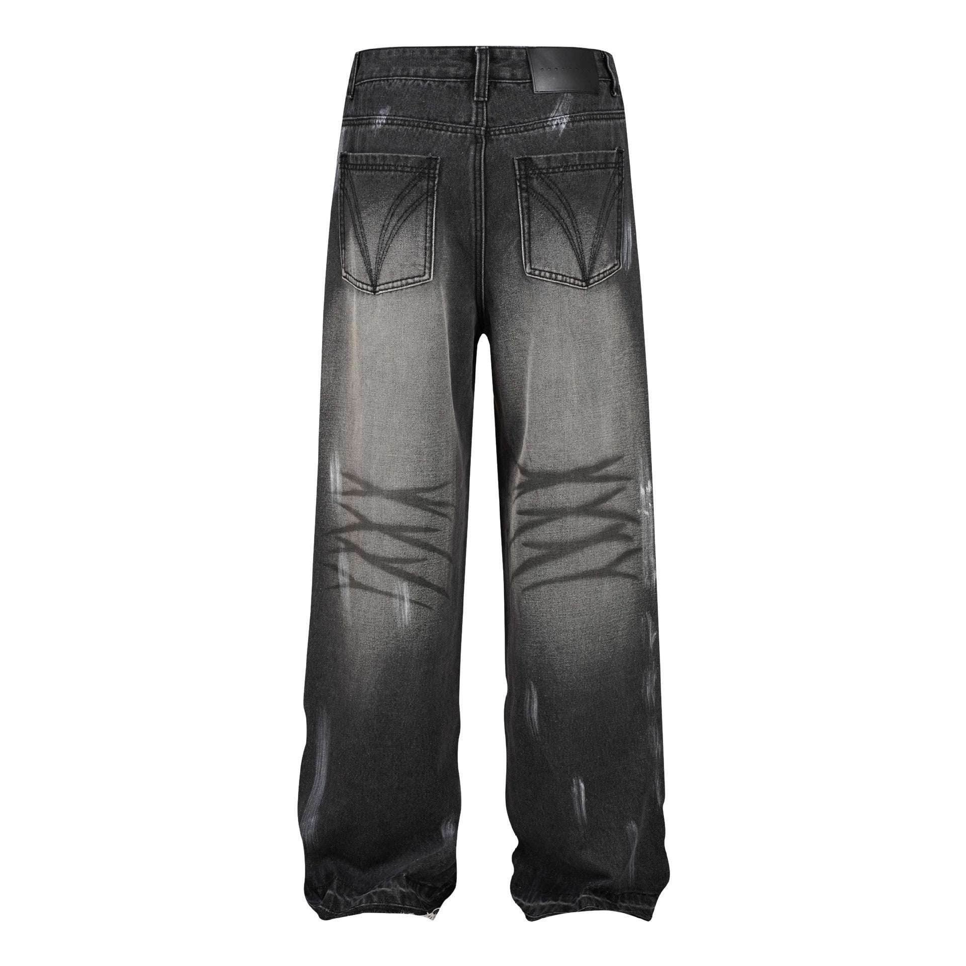 Retro Washed Distressed Graffiti Stitching Jeans Wide-leg Straight Trousers MuddyStock