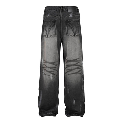Retro Washed Distressed Graffiti Stitching Jeans Wide-leg Straight Trousers MuddyStock