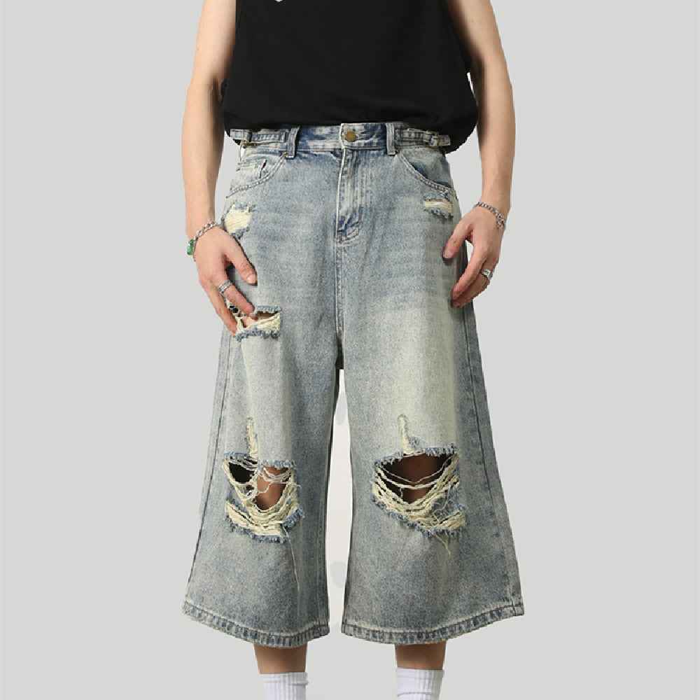 Men's Distressed Washed Mid Length Jeans Blue MuddyStock