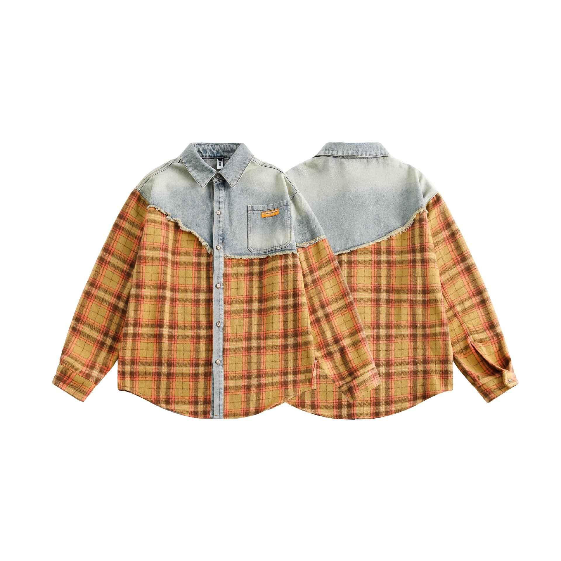 American Retro Loose Stitching Plaid Long Sleeve Shirt For Women null