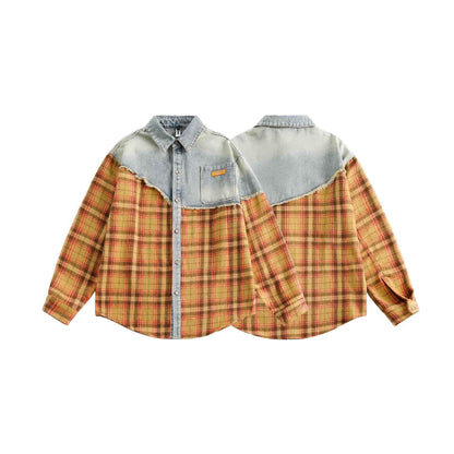 American Retro Loose Stitching Plaid Long Sleeve Shirt For Women null
