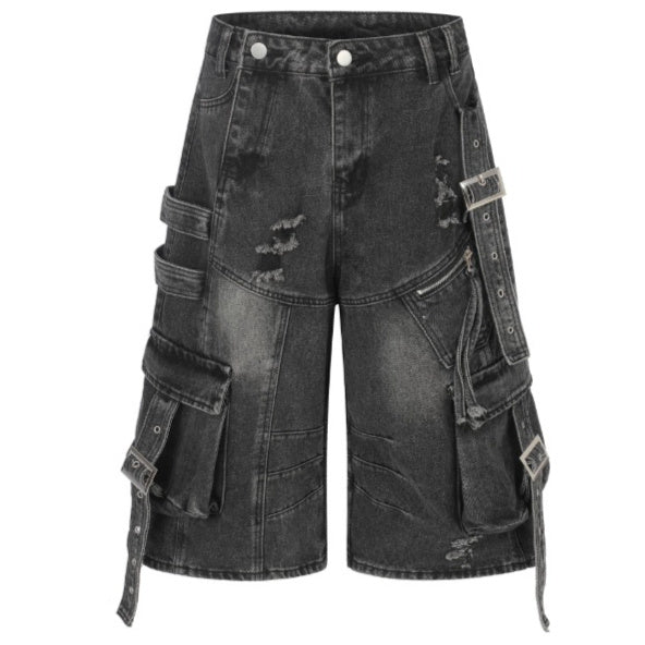 Frayed-hem Distressed Denim Capri Pants For Women Black