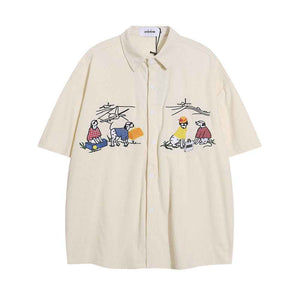 Cartoon Loose Short Sleeve Shirt For Men Apricot